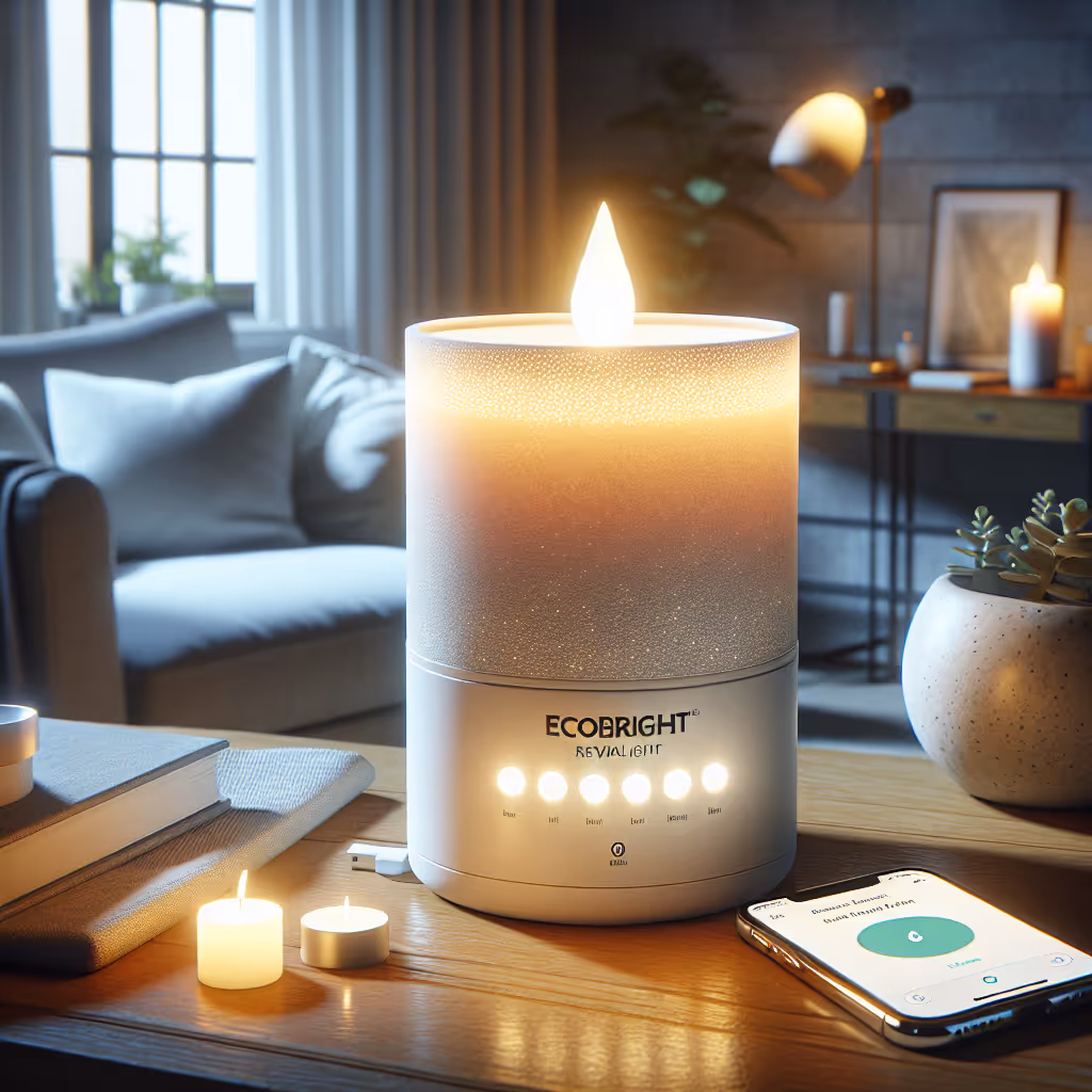 The EcoBright Revitalight Candle is a rechargeable LED candle that mimics a natural flame, offering six ambiance settings controlled via a smartphone app.