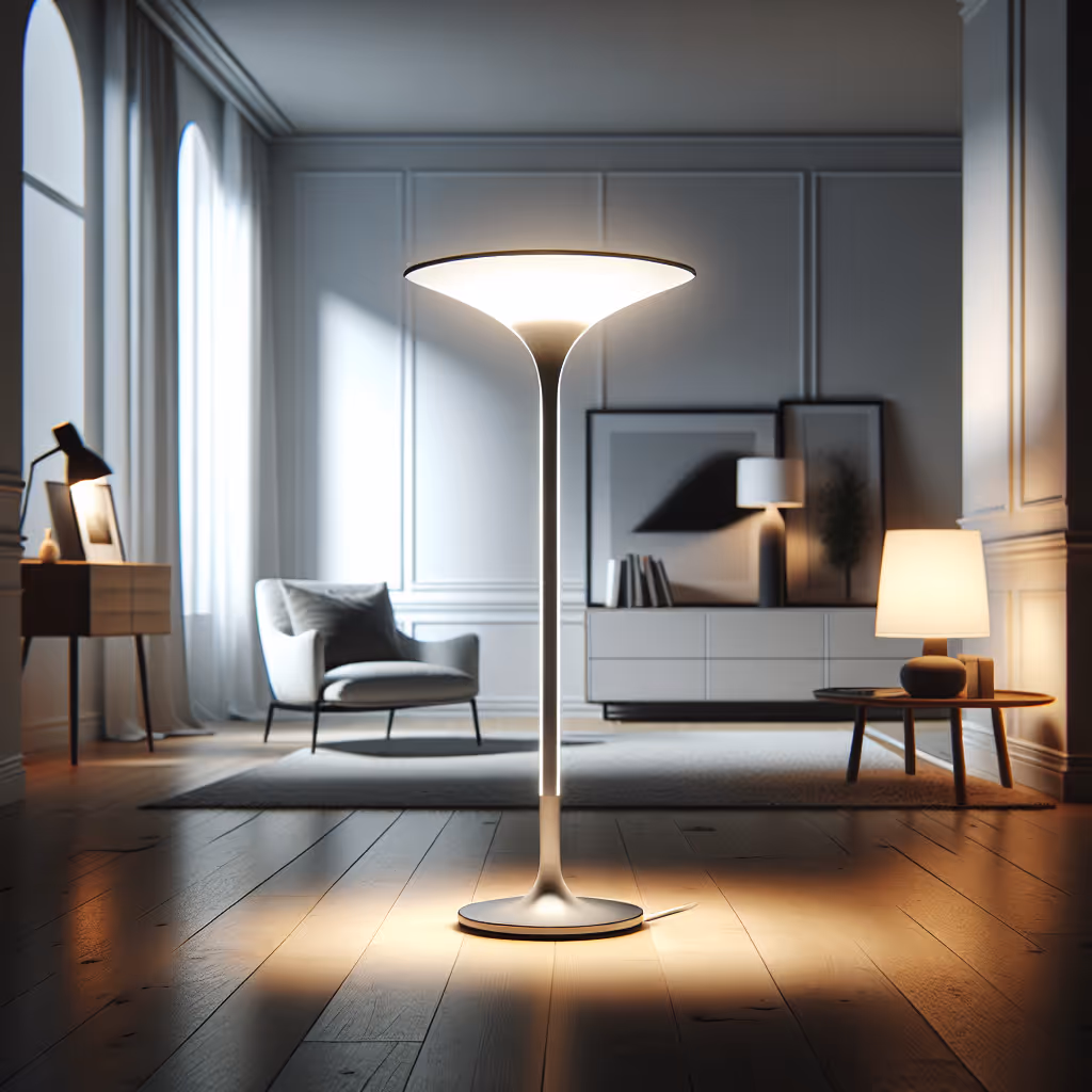 Illuminate your living space with the LuminaStyle GlowFlow Interactive Floor Lamp, featuring adjustable ambiance settings and a sleek, modern design.