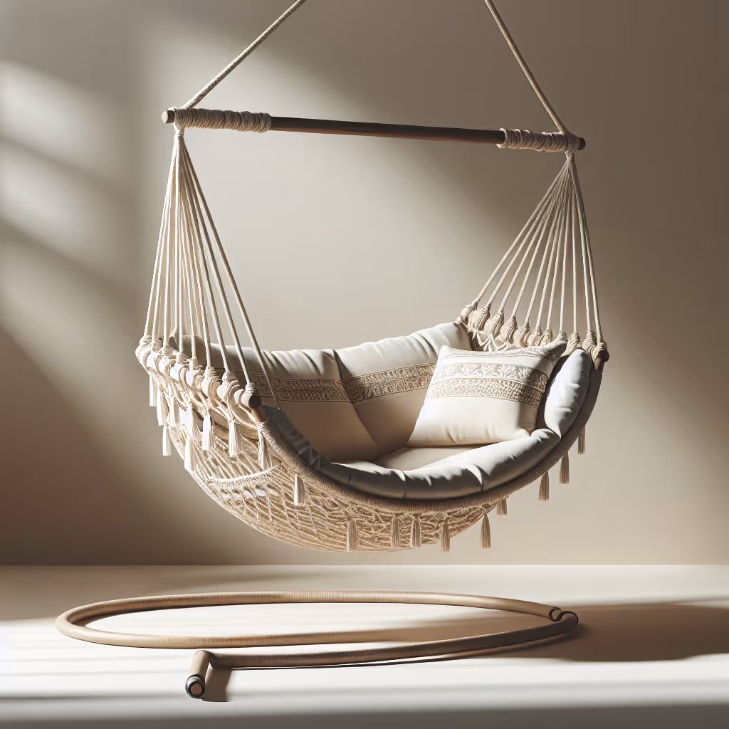 Handcrafted in Nepal, this eco-friendly hanging hammock chair combines comfort and sustainability, perfect for cozy corners or serene outdoor nooks.