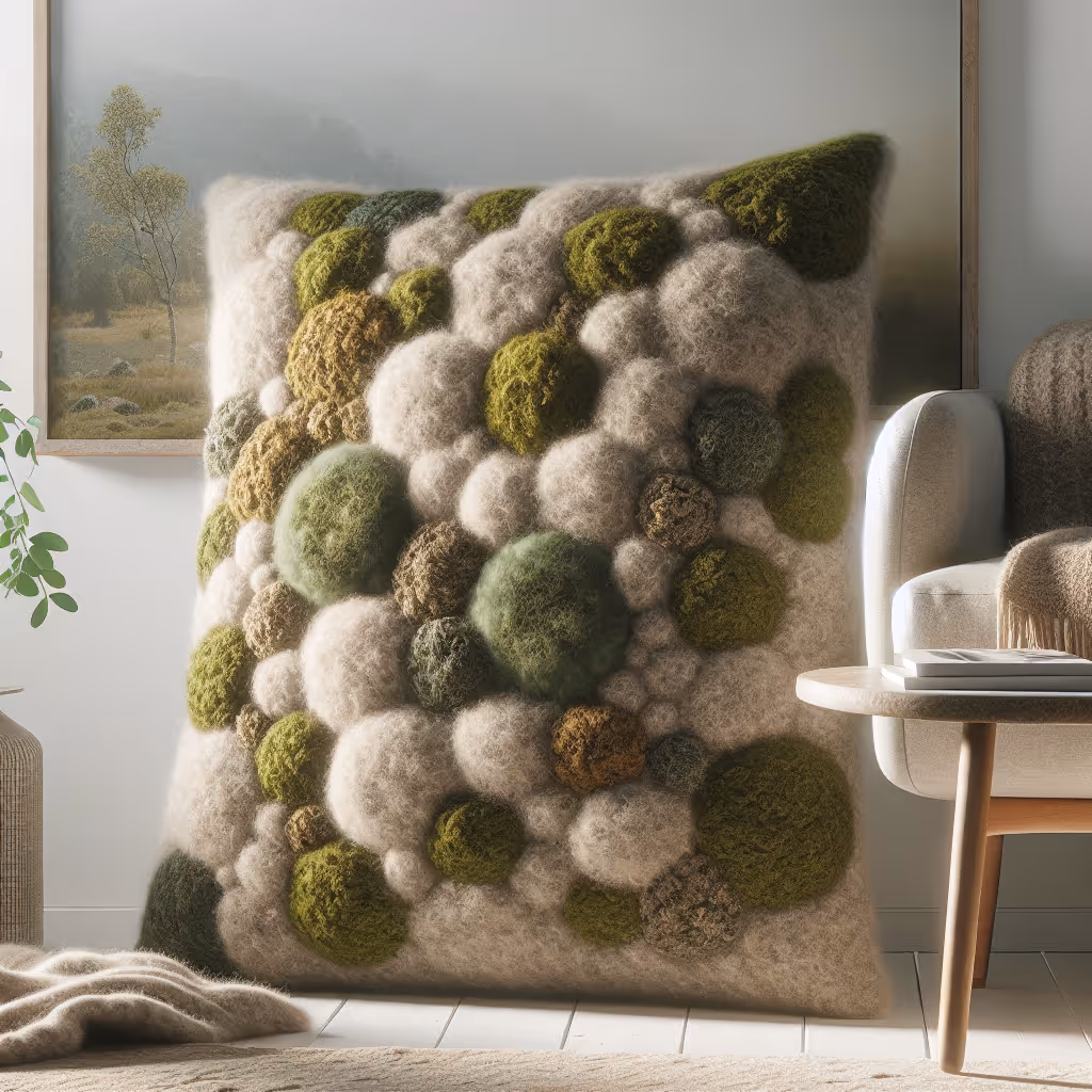 The Bosque Moss Cushion brings a touch of nature indoors with its hand-felted surface that mimics moss, lovingly crafted by artisans.