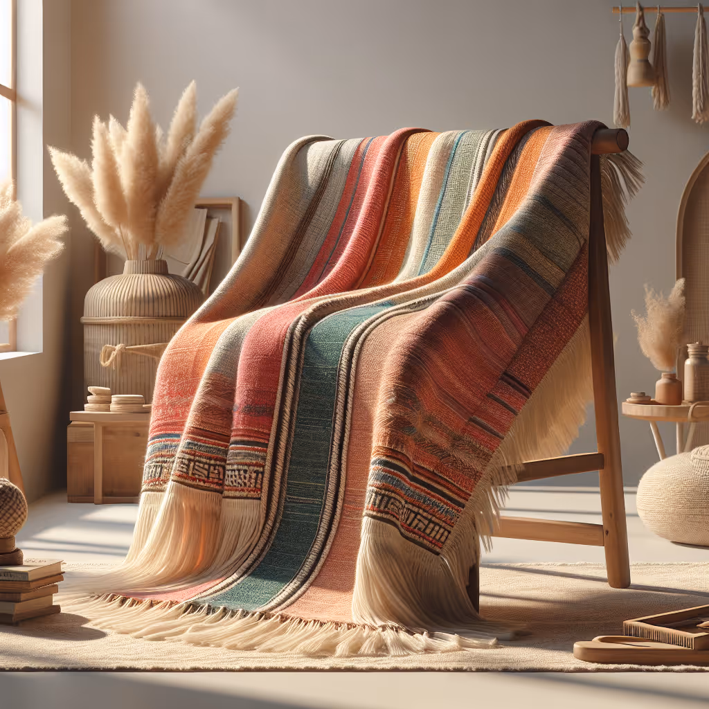 The Harmony Eco-Woven Blanket is a vibrant handwoven textile designed to add warmth to your home while being gentle on the planet.