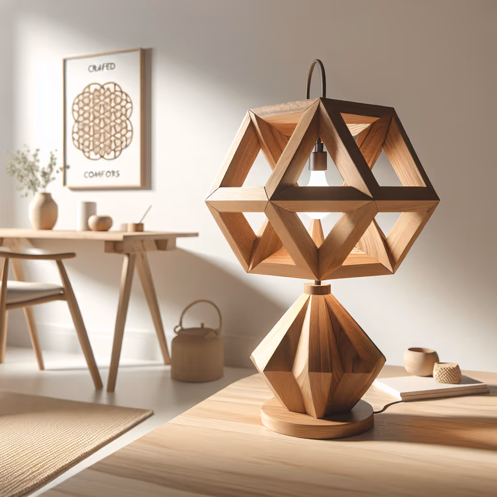 The EcoWhirl Geometric Lamp provides ambient lighting with a unique geometric wooden design, crafted sustainably from recycled materials to create a modern statement piece.