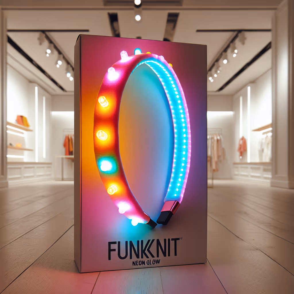 The FunKnit Neon Glow Headband is a vibrant, light-up hair accessory that adds a pop of color and glow to any outfit, perfect for parties or casual wear.