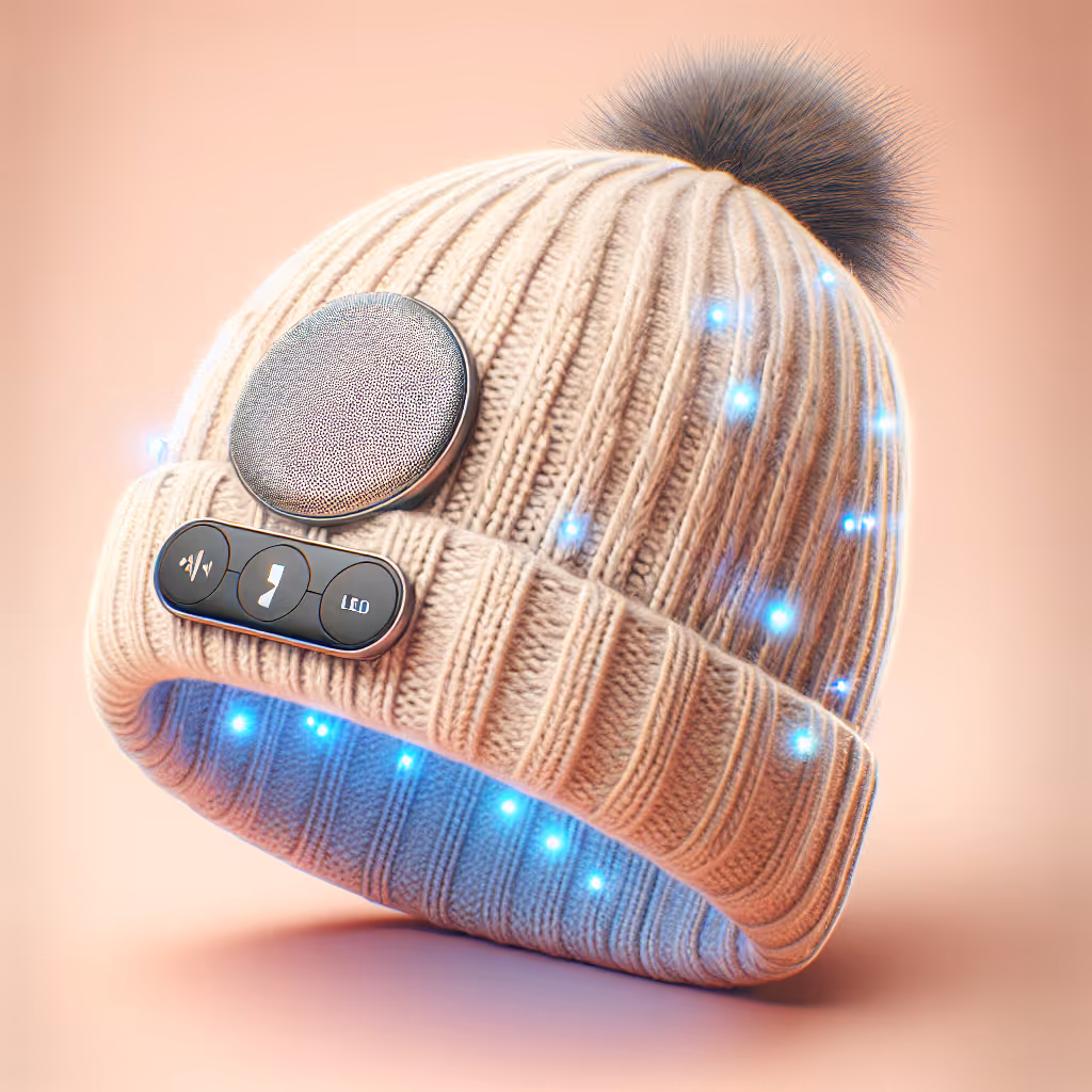 Introducing the TwinkleTone Bluetooth Beanie – a stylish knit cap with built-in wireless speakers and LED lights, perfect for staying warm and lit.