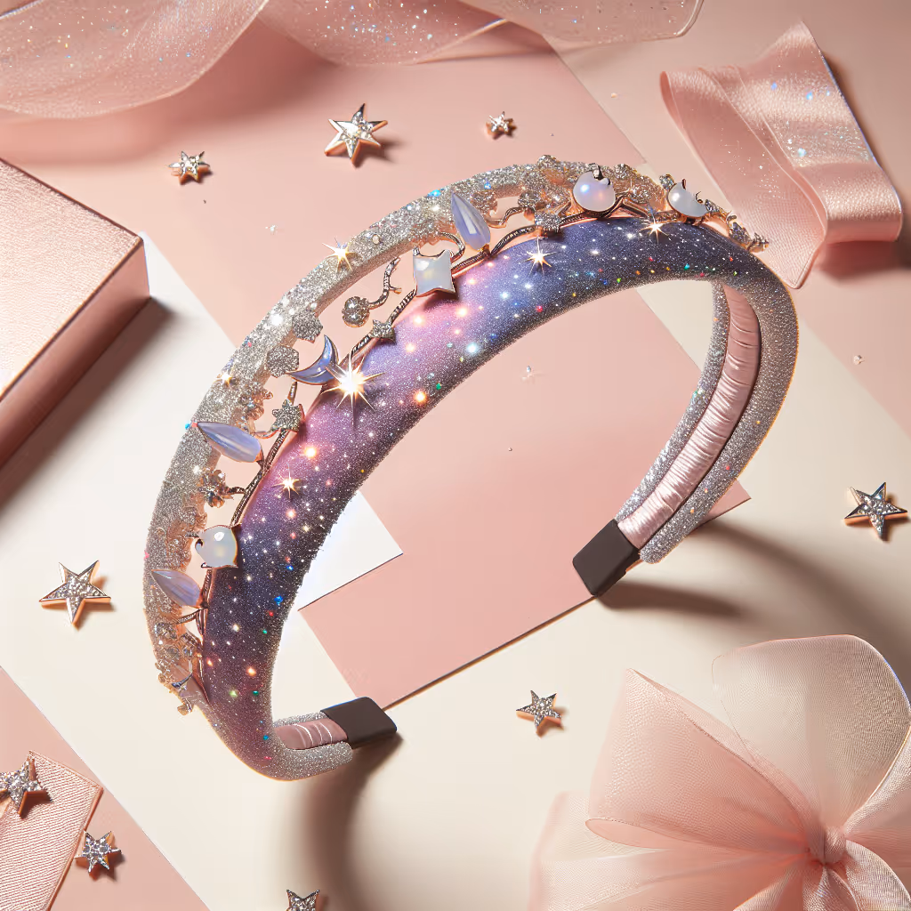 The LunarGlow Bejeweled Galaxy Hairband is an enchanting accessory designed to elevate any hairstyle with its celestial charm and sparkling accents.