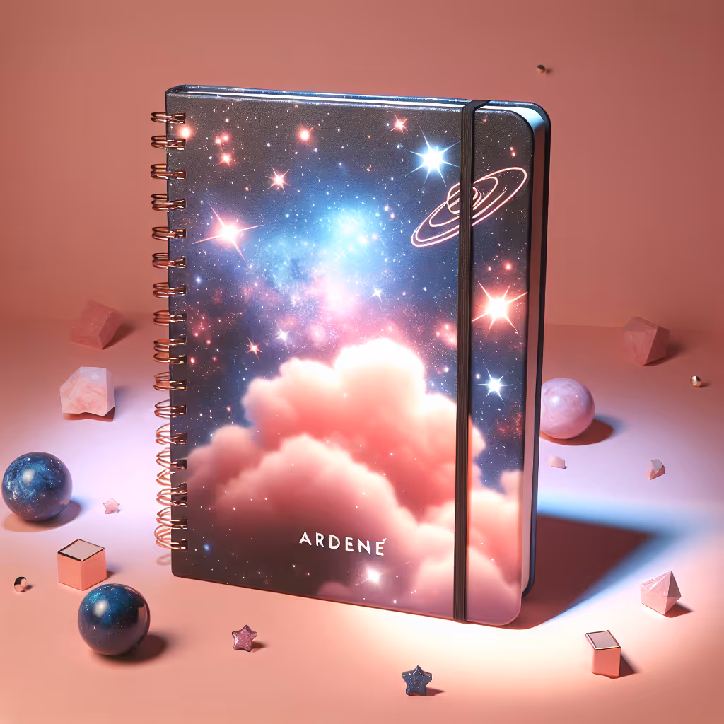 A stylish, galaxy-themed notebook with glowing covers, perfect for jotting down your dreams and ideas.