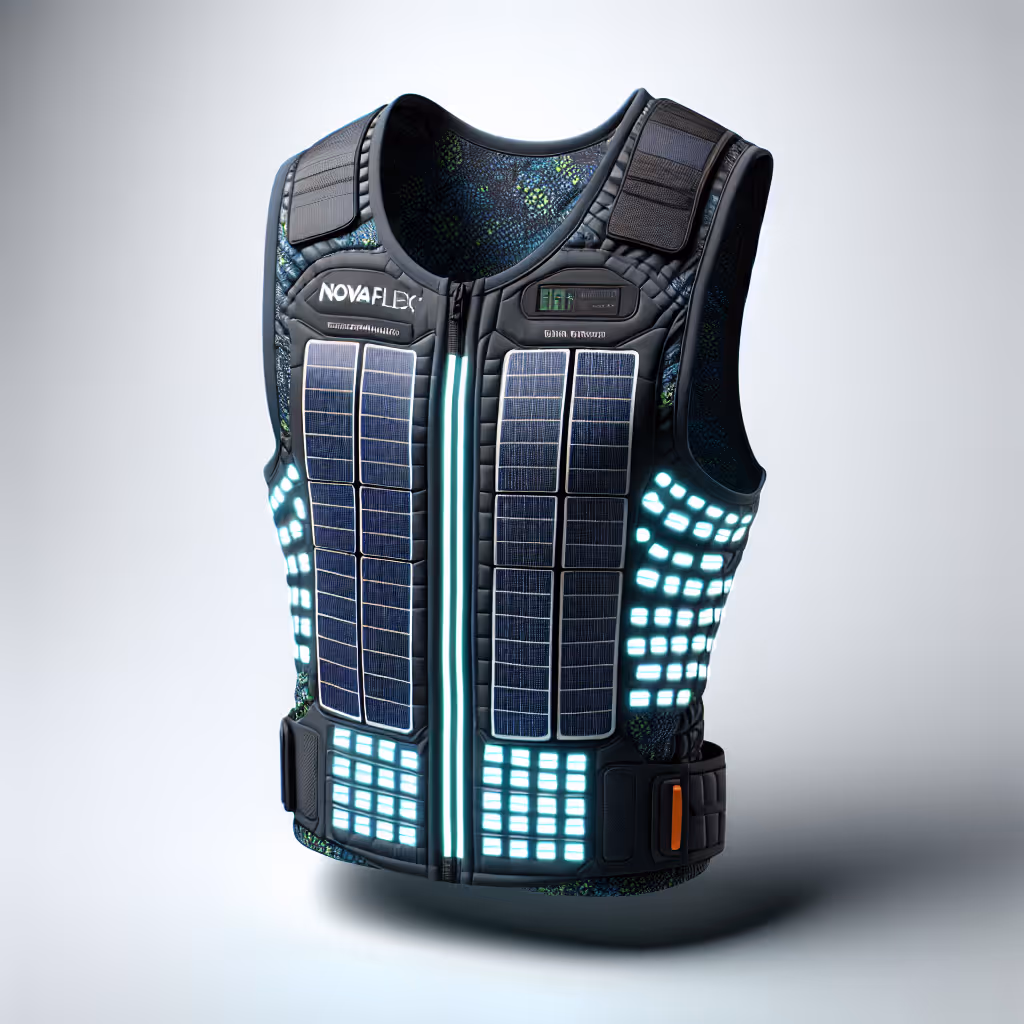 The NovaFlex Solar-Charged Running Vest is an innovative activewear essential designed for night runners, featuring solar-power technology and customizable LED lighting.