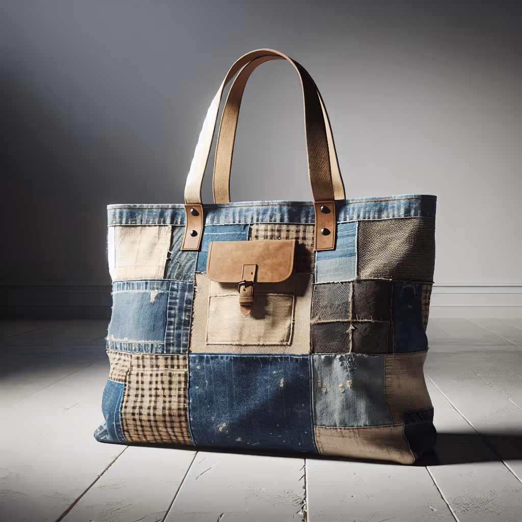 The EcoChic Patchwork Denim Tote is a stylish and sustainable bag crafted from upcycled denim, perfect for carrying your essentials in eco-friendly fashion.