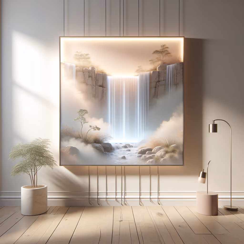 A stylish, calming wall art that mimics gentle waterfall sounds and LED light transitions, perfect for enhancing any room's ambiance.