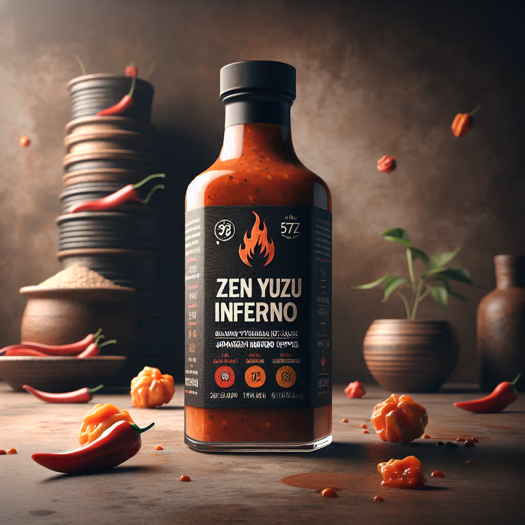 The Zen Yuzu Inferno is a citrus-infused hot sauce combining Japanese yuzu with fiery habanero peppers for an exhilarating flavor journey.