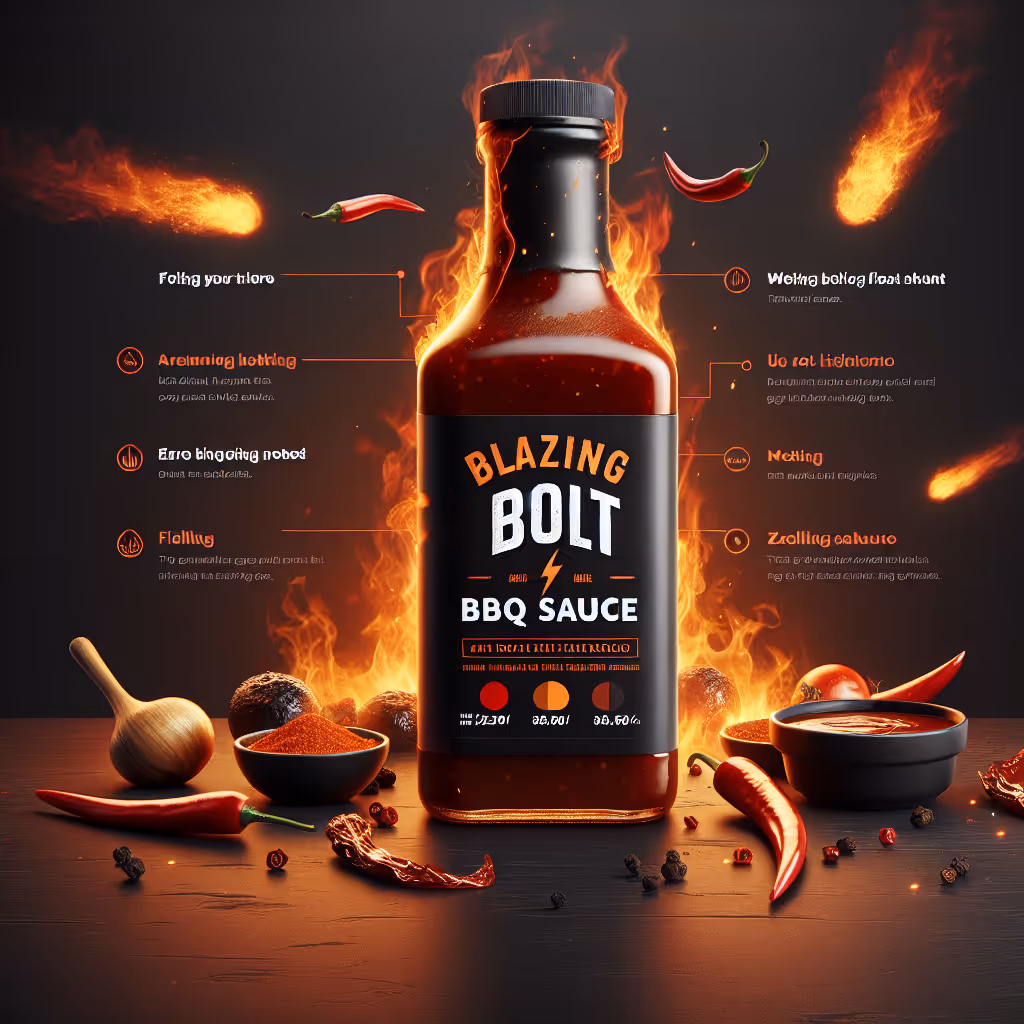 The Blazing Bolt BBQ Sauce is a smoky, rich sauce with bursts of heat and flavor —perfect for grilling enthusiasts looking to spice up their culinary game.