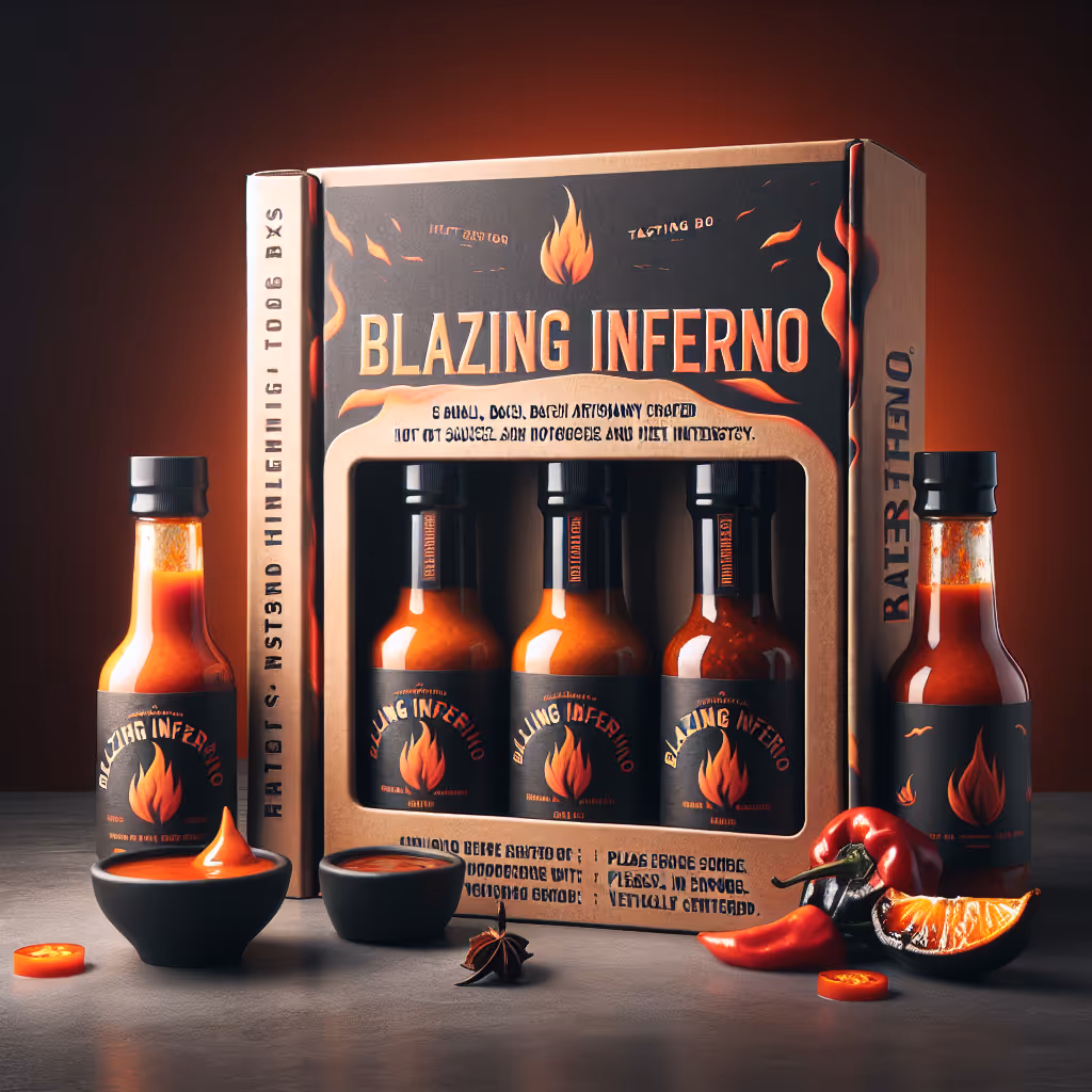 The 'Blazing Inferno' Tasting Box offers a fiery journey through five small-batch artisan hot sauces, each with its unique flavor profile and heat level.