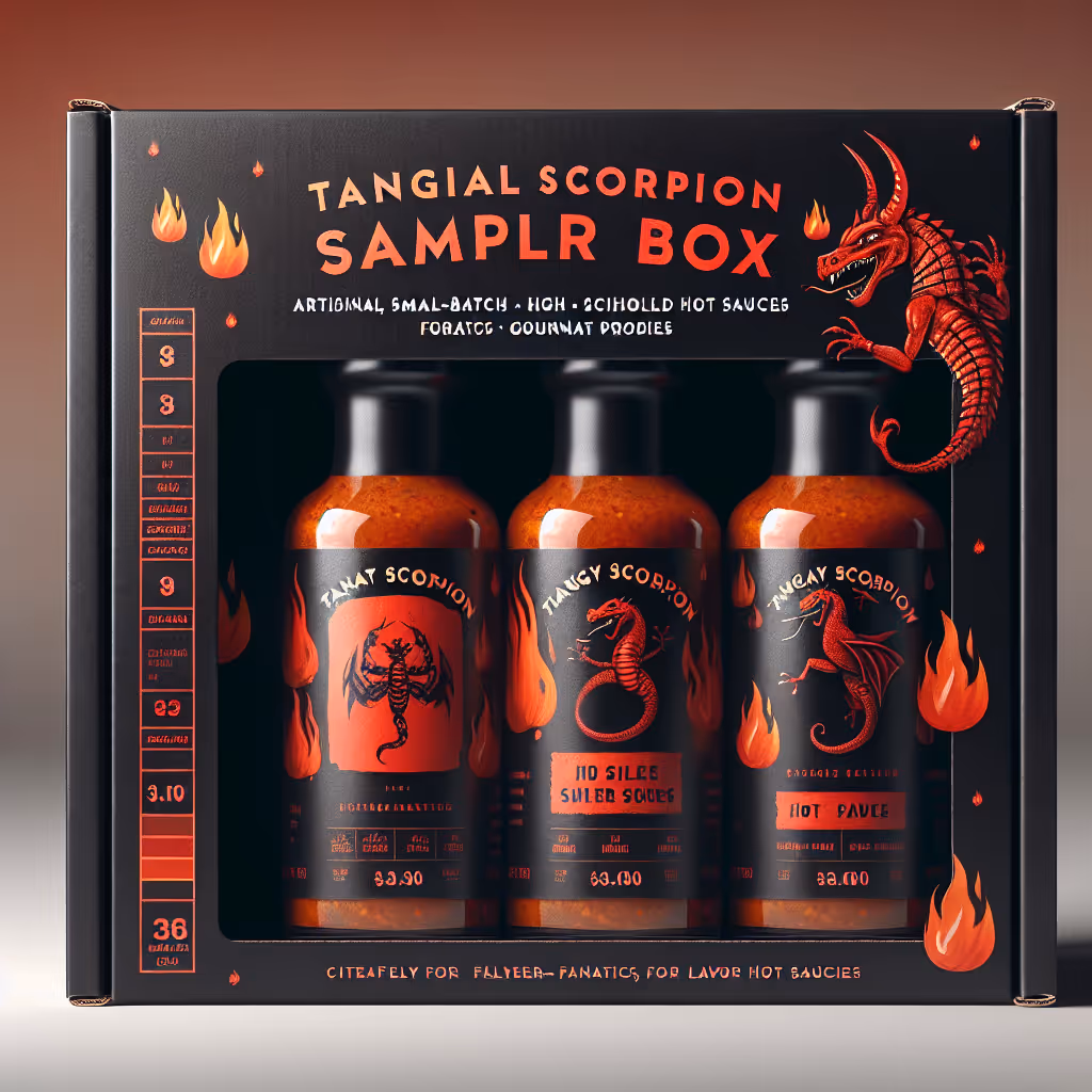 The Tangy Scorpion Sampler Box features a curated trio of small-batch, high-Scoville sauces for adventurous palates.