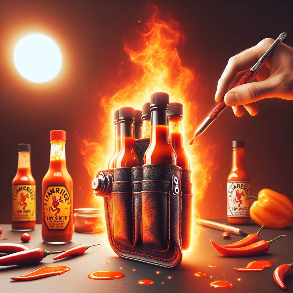 The FlameRider Hot Sauce Holster is the ultimate accessory for spice aficionados, allowing you to carry your favorite fiery sauces on-the-go.