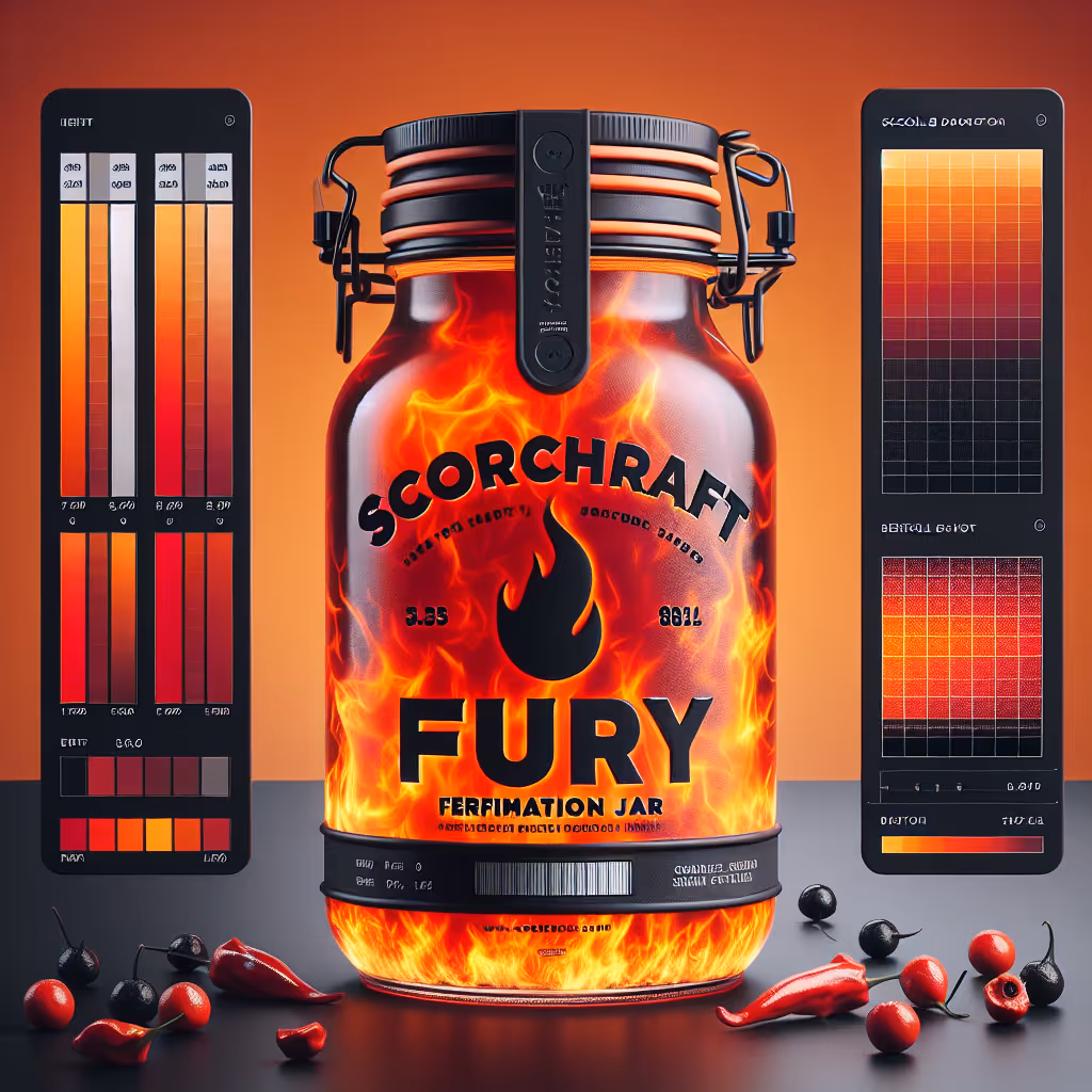 The ScorchCraft Fury Fermentation Jar is a durable, flame-kissed jar designed to safely ferment your own hot sauce at home, complete with a customized Scoville scale.