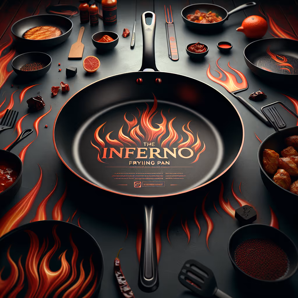 The Inferno Frying Pan is a high-heat resistant non-stick pan designed for cooking with fiery sauces, ensuring optimal heat distribution and flavor retention.