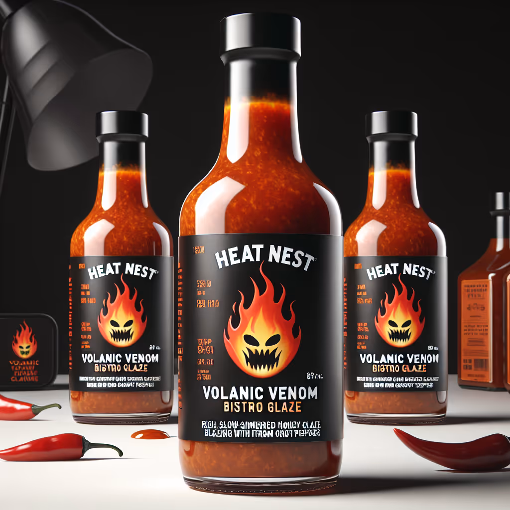 The 'Volcanic Venom Bistro Glaze' is a luscious, slow-simmered hot honey glaze infused with ghost peppers for the ultimate sweet and spicy experience.