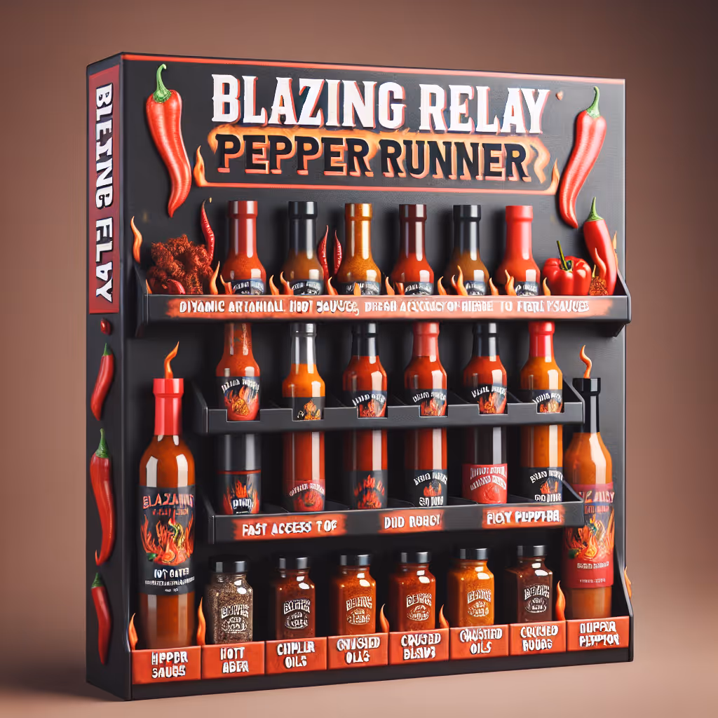 The 'Blazing Relay Pepper Runner' is a dynamic pepper-themed relay rack designed for fast access to your fiery sauces. Adds heat and convenience to your kitchen.