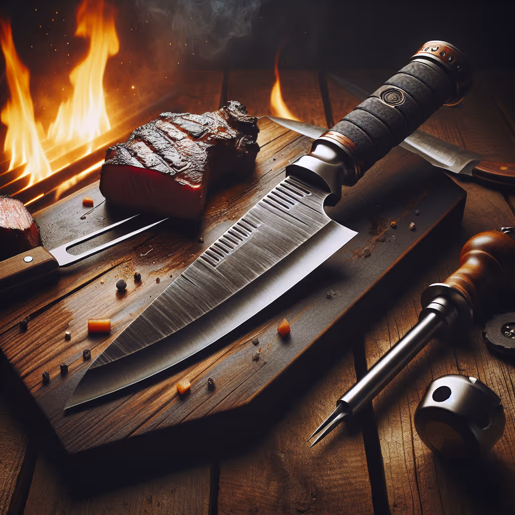 The Razorback Carving Knife is a formidable tool for any BBQ enthusiast, designed for precision and power with a forged steel blade and ergonomic grip.