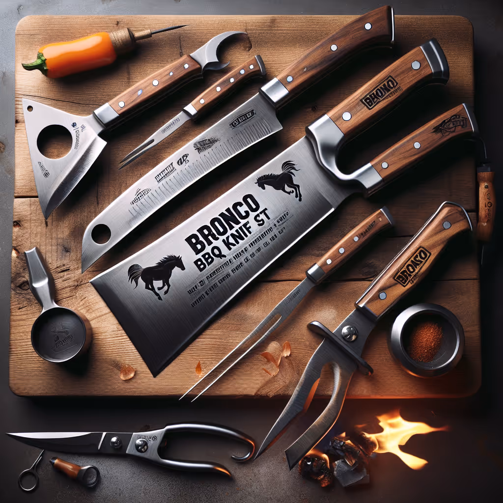 The Bronco BBQ Knife Set is an essential for every grill master, featuring rust-resistant stainless steel blades and ergonomic wooden handles for precision cutting.