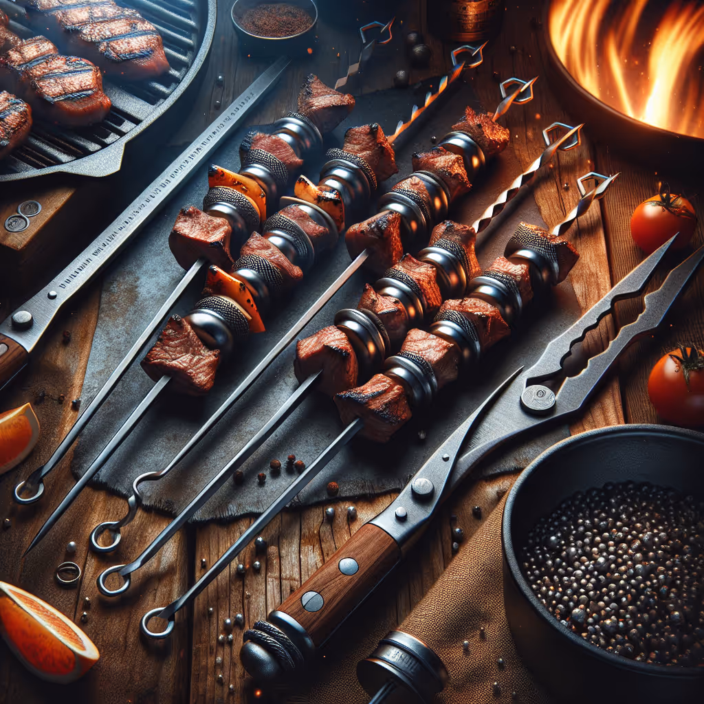 The Sabertooth Barbecue Skewer Set features heavy-duty, stainless steel skewers perfect for grilling large chunks of meat and vegetables with ease.