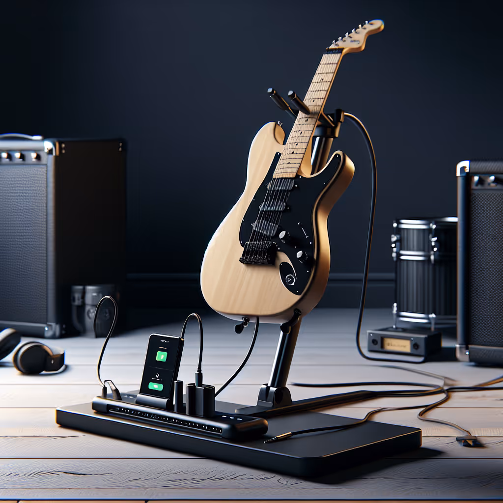 An innovative guitar stand with integrated charging dock, ideal for tech-savvy musicians.