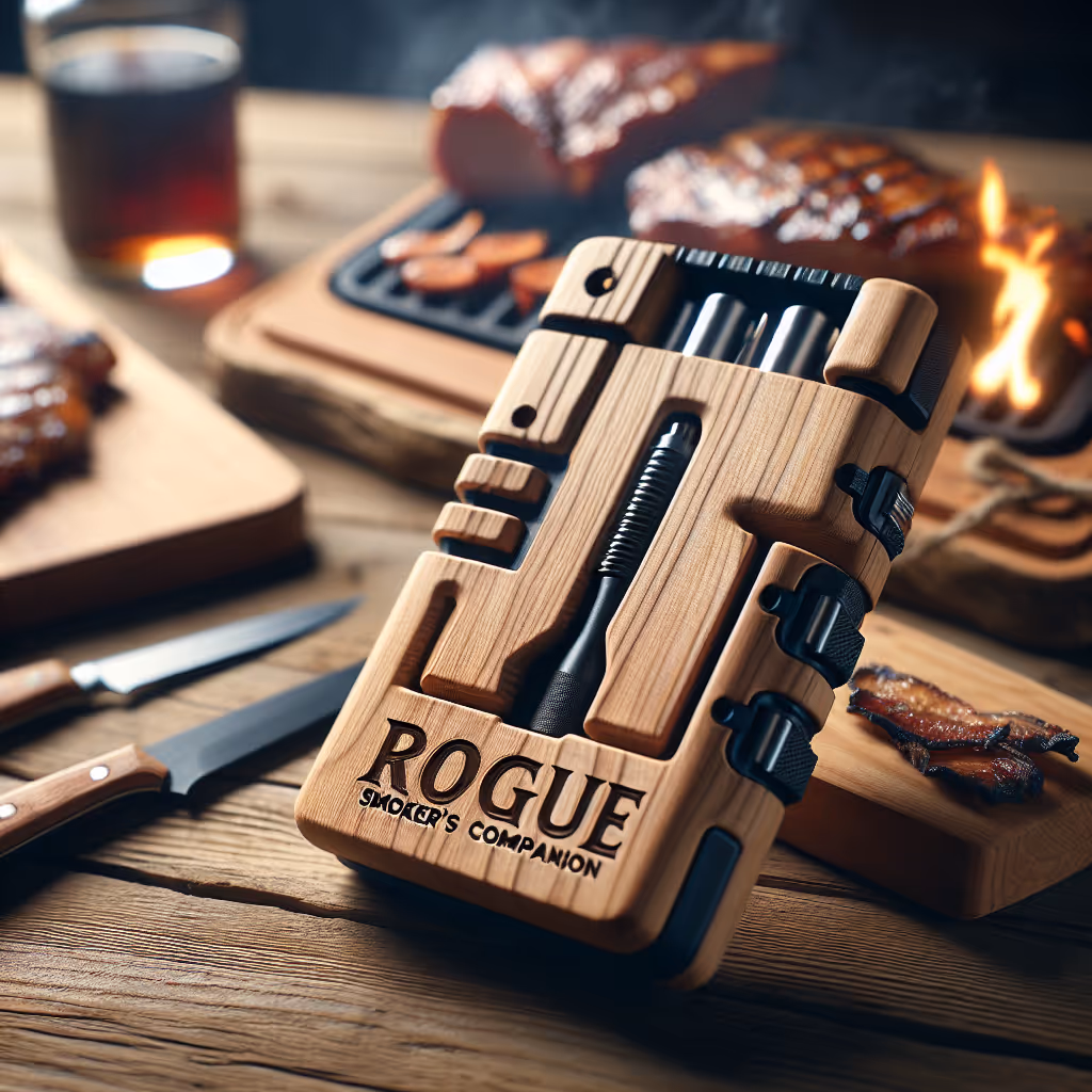 The 'Rogue Smoker's Companion' is a portable, handcrafted smoking board made from natural wood, designed to impart a rich, smoky flavor to your grilled meats.