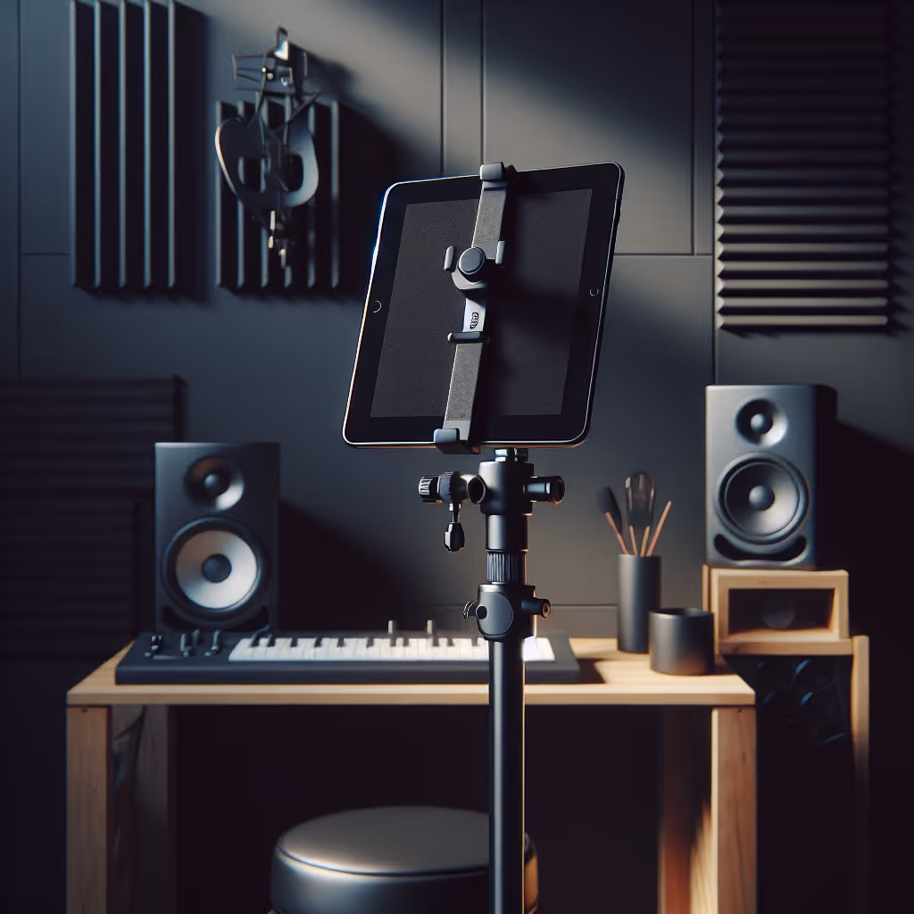 Compact and ergonomic device holder designed for musicians to securely mount tablets and smartphones on mic stands.