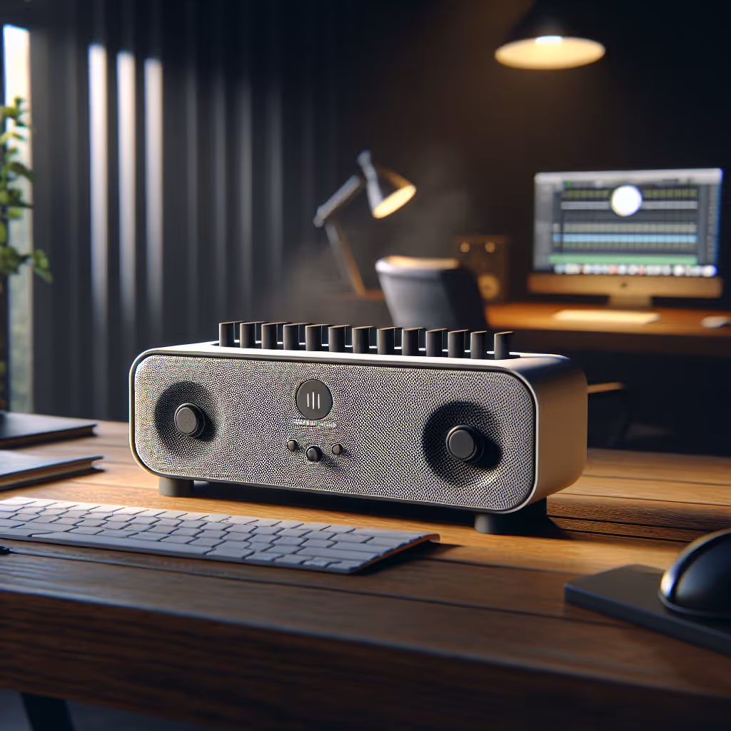 The HarmonyTech SoundPal Diffuser is a stylish desk accessory that emits soothing ambient sounds to enhance your music creation environment. Ideal for home studios and relaxation.