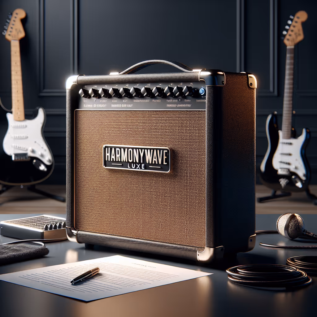 Elevate your practice and gigs with the HarmonyWave Luxe Guitar Amplifier, a stylish, portable amp delivering rich, robust sound.