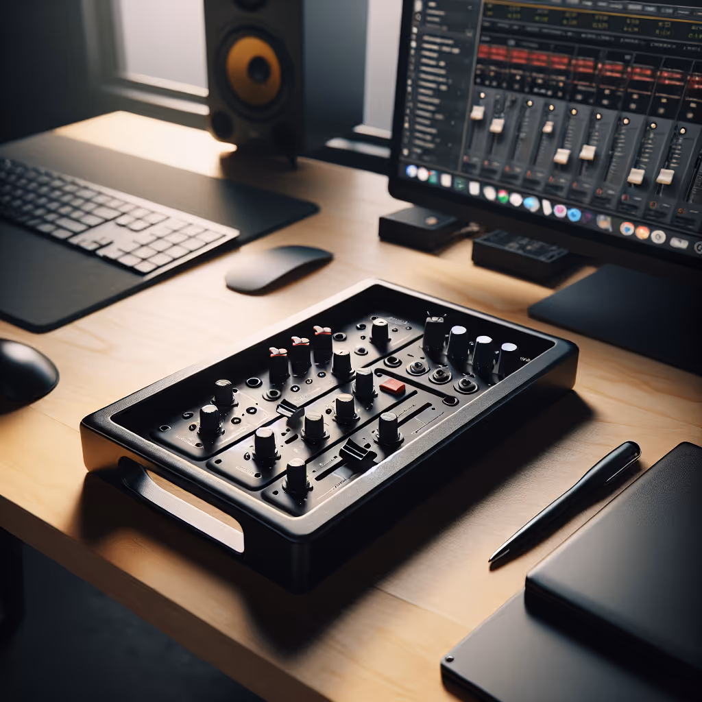 The SoundMaster Mixer Tray is a compact and adjustable tray ideal for organizing desk setups in home studios, perfect for musicians and creators.