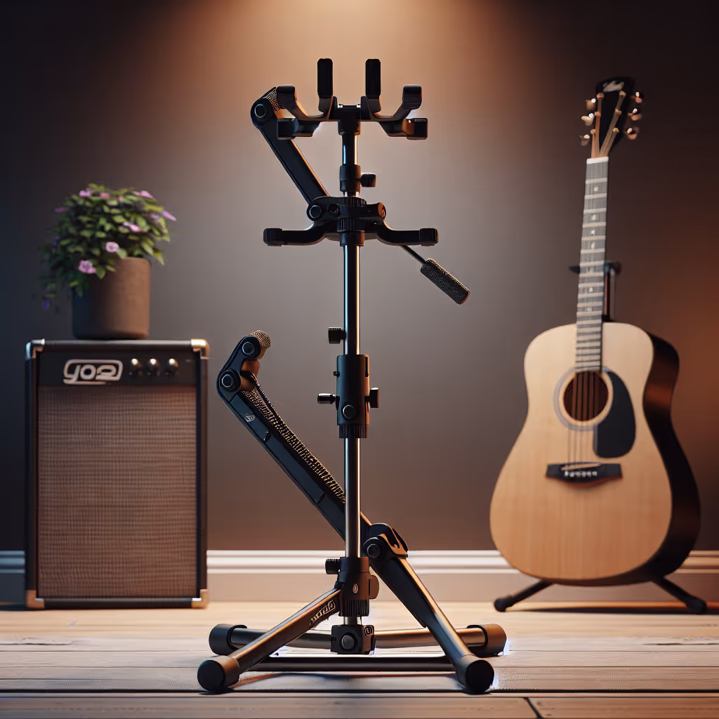 The GrooveMaster FlexiStand is a versatile guitar stand designed for home musicians, offering adjustable height settings and a sleek, foldable design for easy storage and portability.
