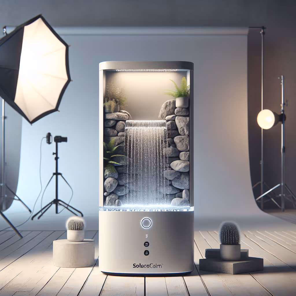 The SolaceCalm Waterfall, a desktop water feature that enhances your workspace with soothing water sounds and ambient LED lighting, perfect for inducing tranquility in your home office.