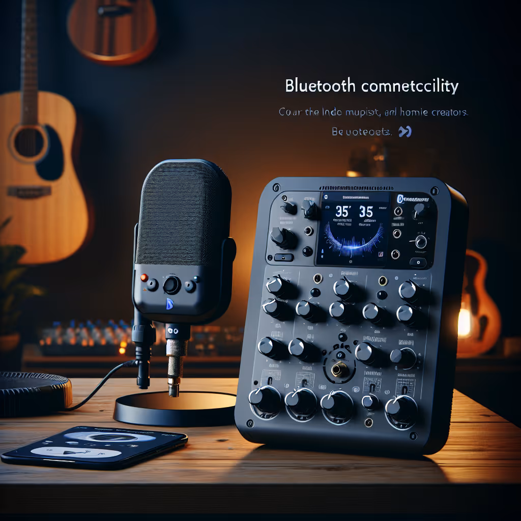 The HarmonyWave StreamCast Portable Audio Mixer offers mobile musicians seamless sound control with Bluetooth connectivity, tuned for indie artists and home creators.