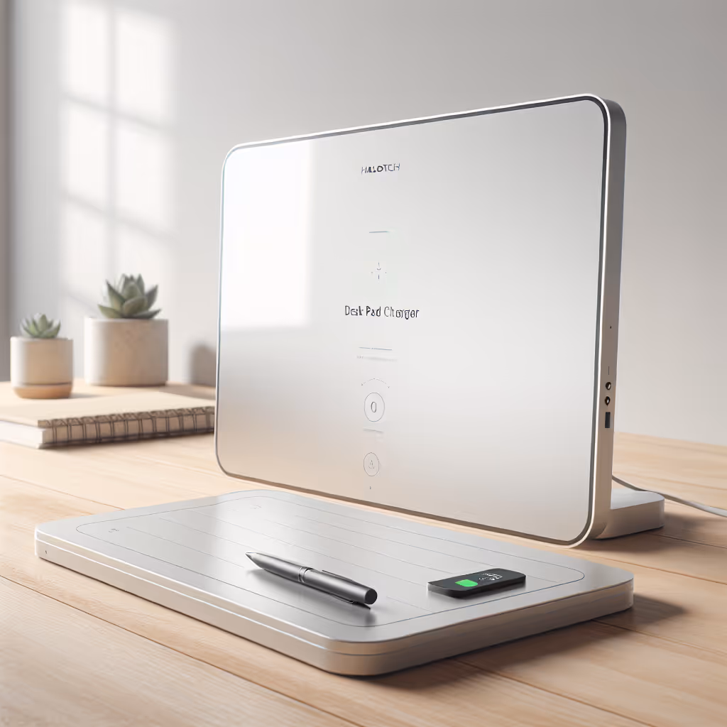 The HaloTech Desk Pad Charger combines a smooth, elegant writing surface with integrated wireless charging capability, offering both functionality and minimalist style for your home office.