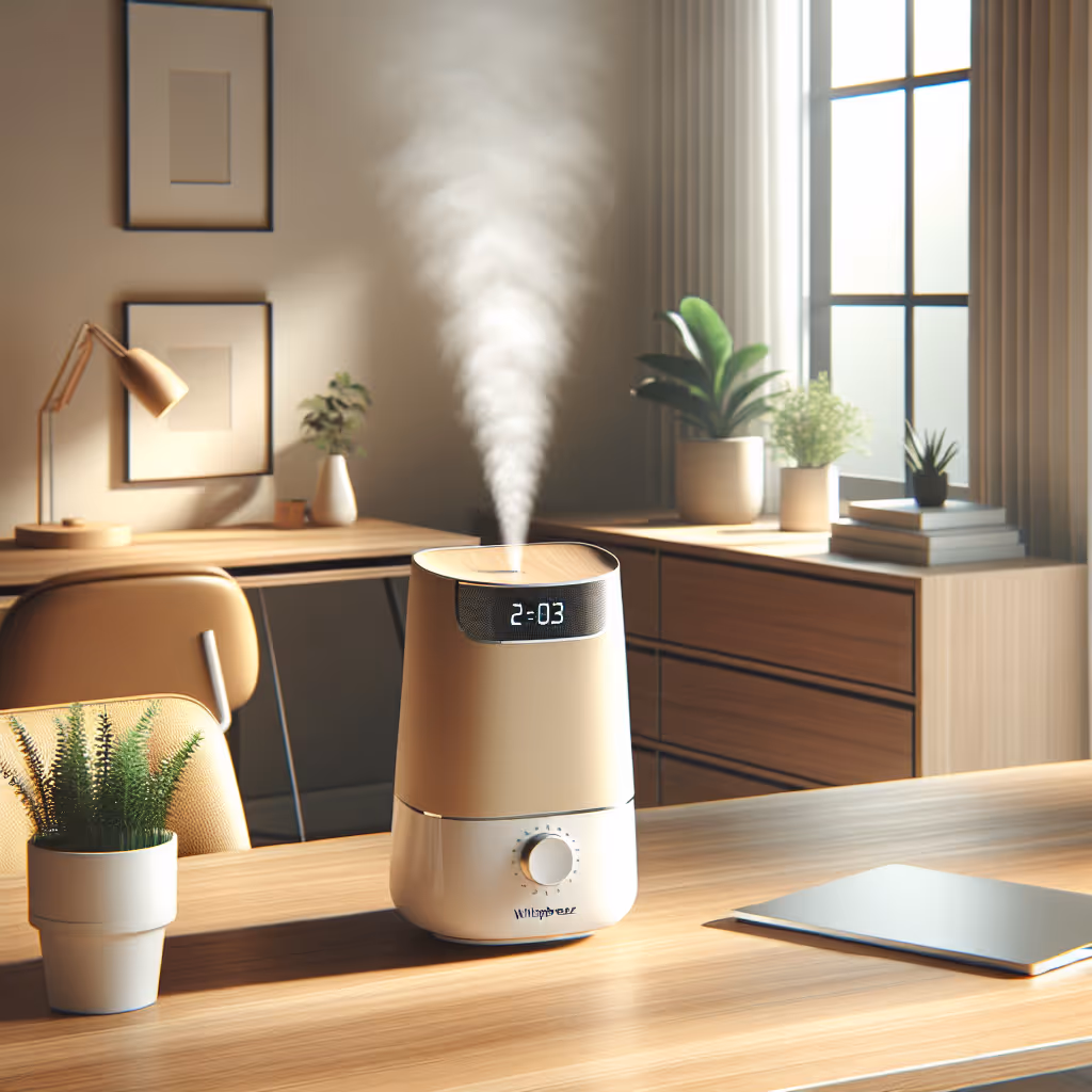 The WhisperBreeze Portable Desk Humidifier effortlessly blends style and function, providing an ideal moist environment to increase concentration and comfort during work.