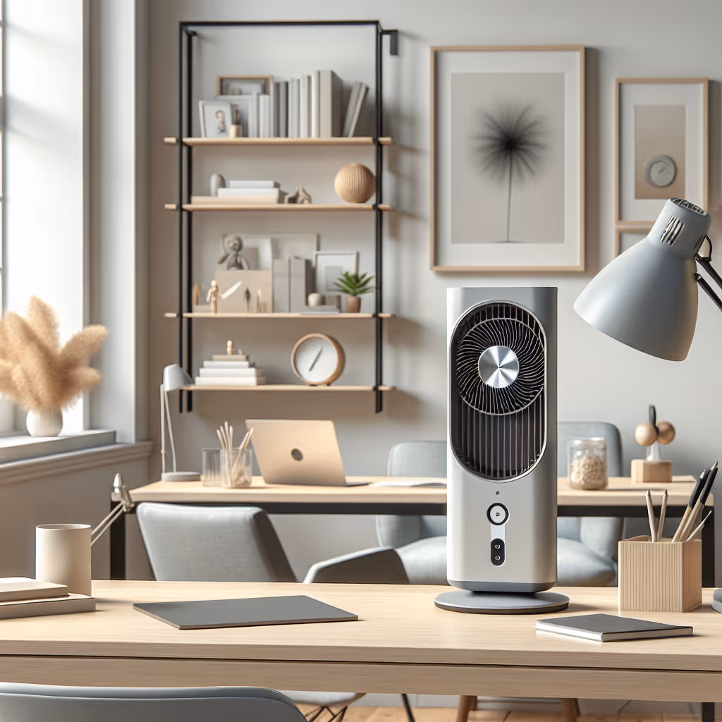A sleek and silent noise-cancelling desk fan designed for a distraction-free working environment.