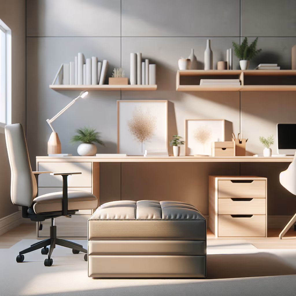 A sleek and versatile ergonomic ottoman with built-in storage, designed for optimal comfort and organization in your home office.