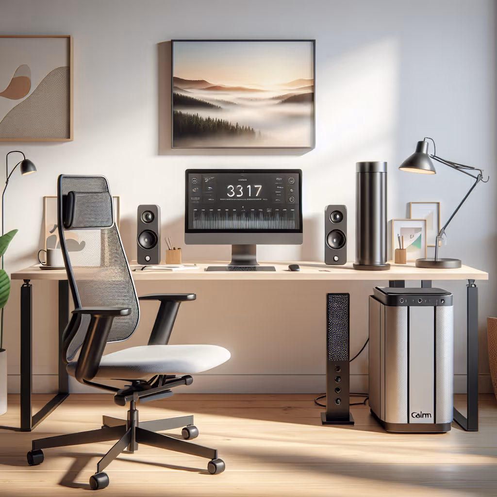 The CalmTech Ambient Soundscape Generator is a versatile device that creates a calming atmosphere in your home office by offering a selection of ambient sounds to promote focus and reduce stress.