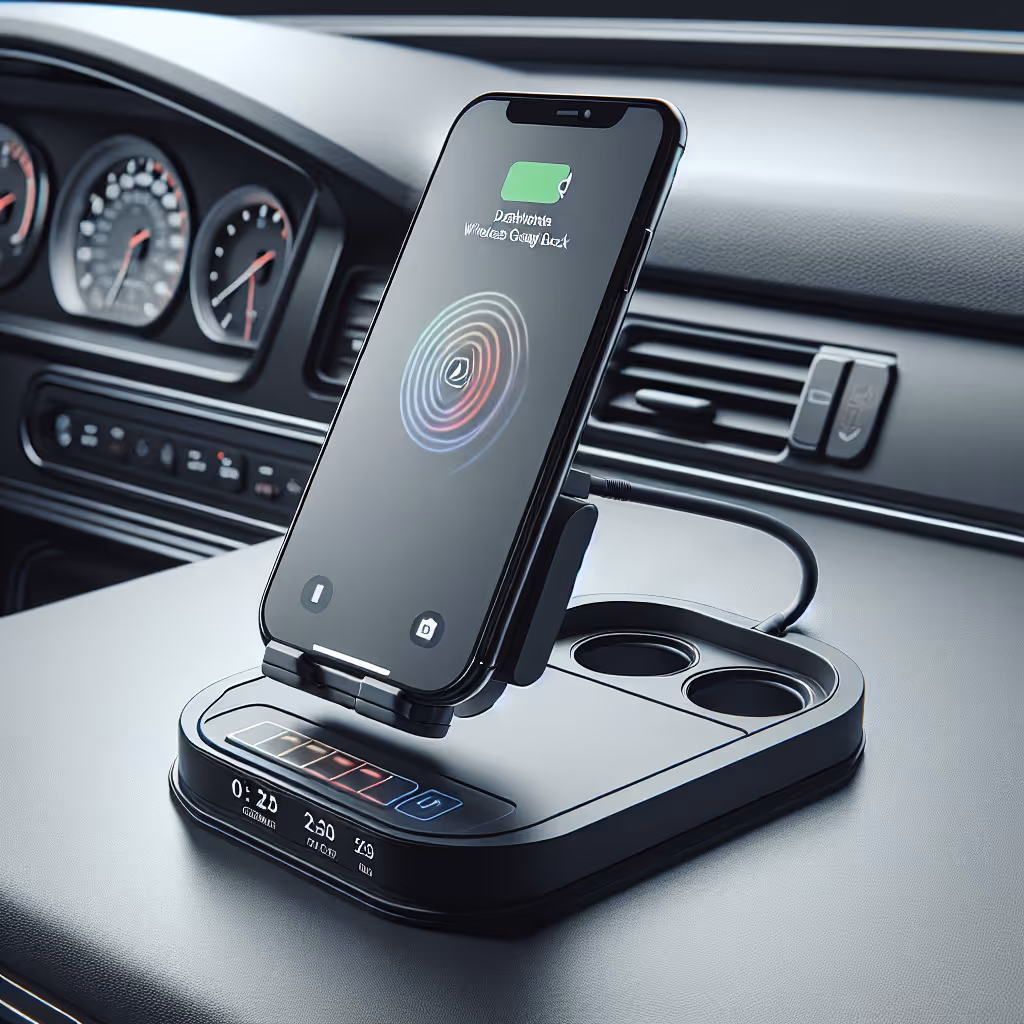 The DashMate Wireless Charging Dock offers fast, cable-free charging for your smartphone, mounted securely on your dashboard.