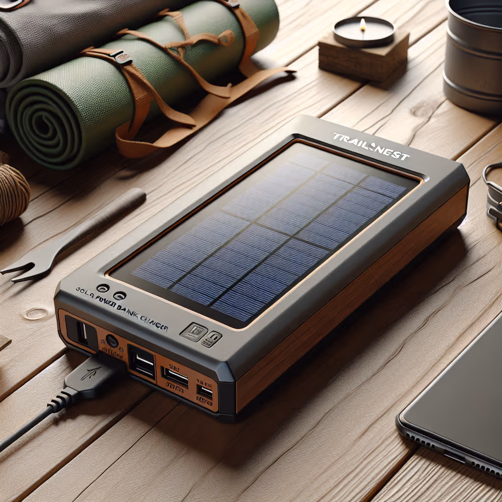The TrailNest Solar Power Bank Charger keeps your devices powered up on every adventure. Portable and durable with dual USB ports, it's a reliable outdoor companion.