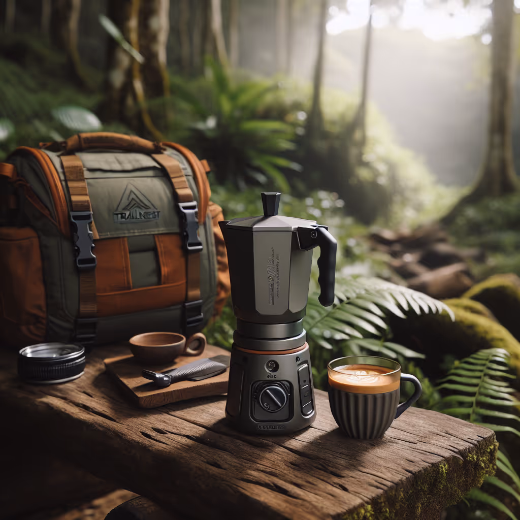 A rugged yet compact travel espresso maker, perfect for coffee lovers craving a fresh brew while adventuring outdoors.