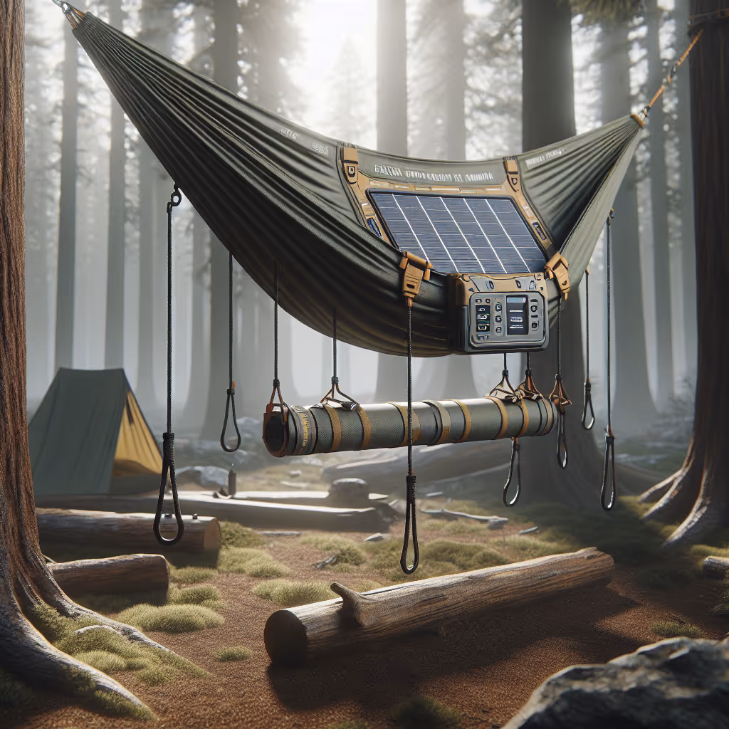 The TrailNest Foldable Tech Hammock blends relaxation with utility by incorporating solar-powered USB charging and weather resistance, ideal for outdoor enthusiasts.