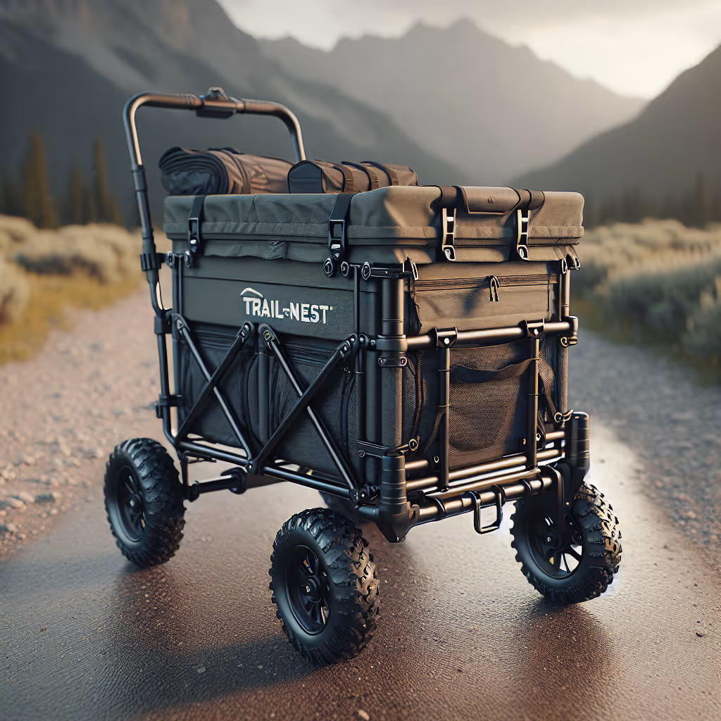 The TrailNest Compact All-Terrain Folding Wagon is designed for easy transportation of gear across tough terrain, perfect for campers and outdoor enthusiasts.