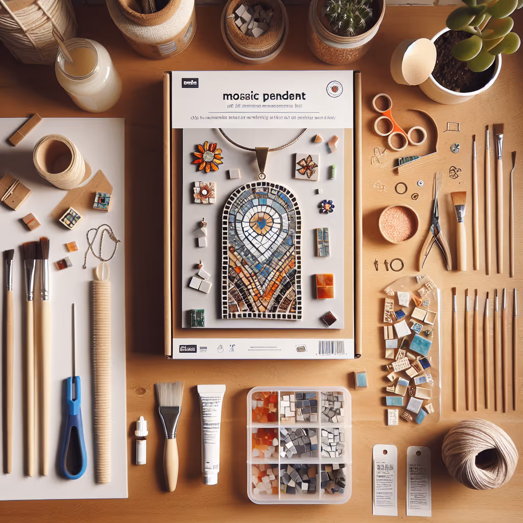The DIY Mosaic Pendant Kit includes all materials and instructions needed to create stunning mosaic jewelry pieces.