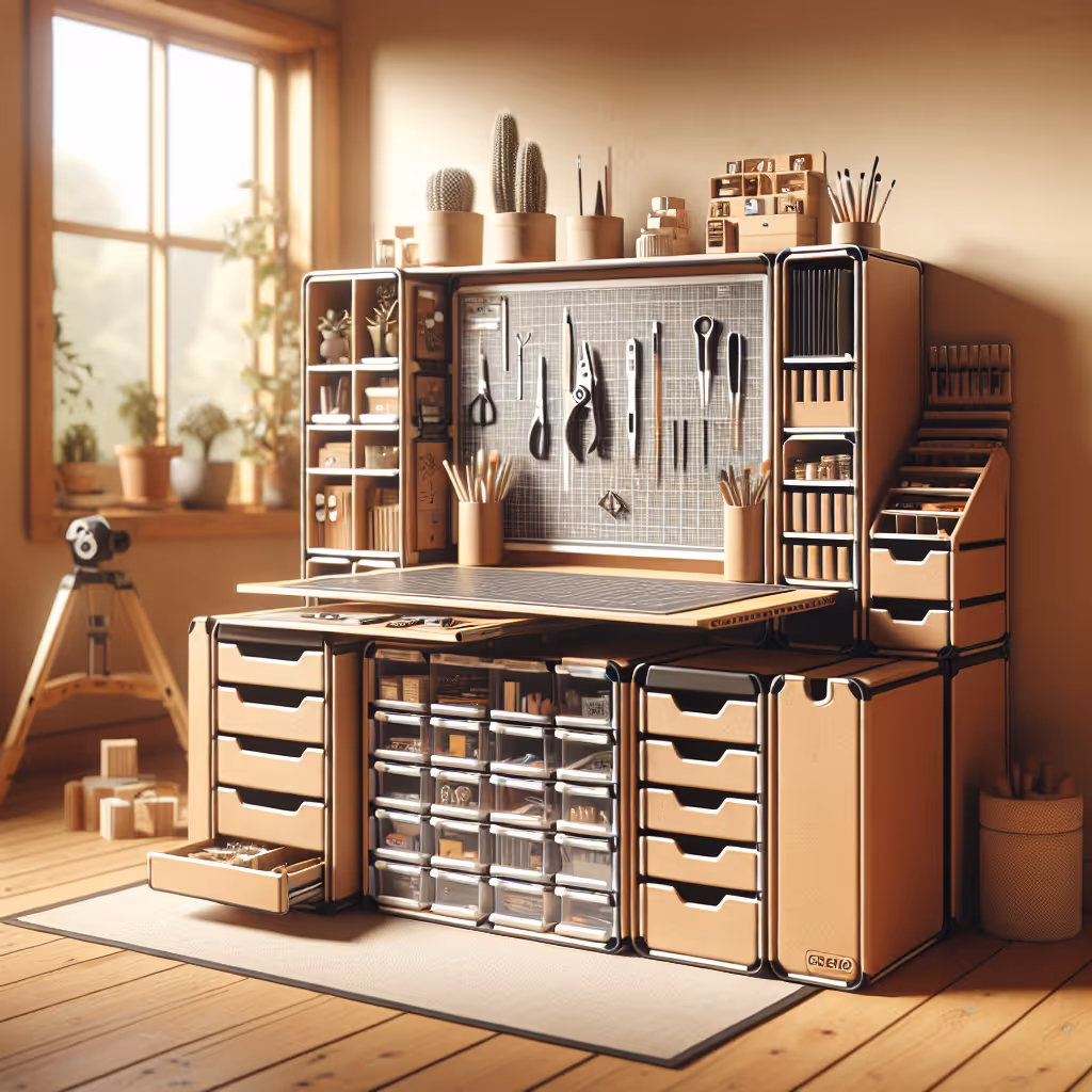 The Modular Crafting Workstation Kit is a complete workspace solution for hobbyists, featuring configurable storage, tool organization, and a crafting mat.