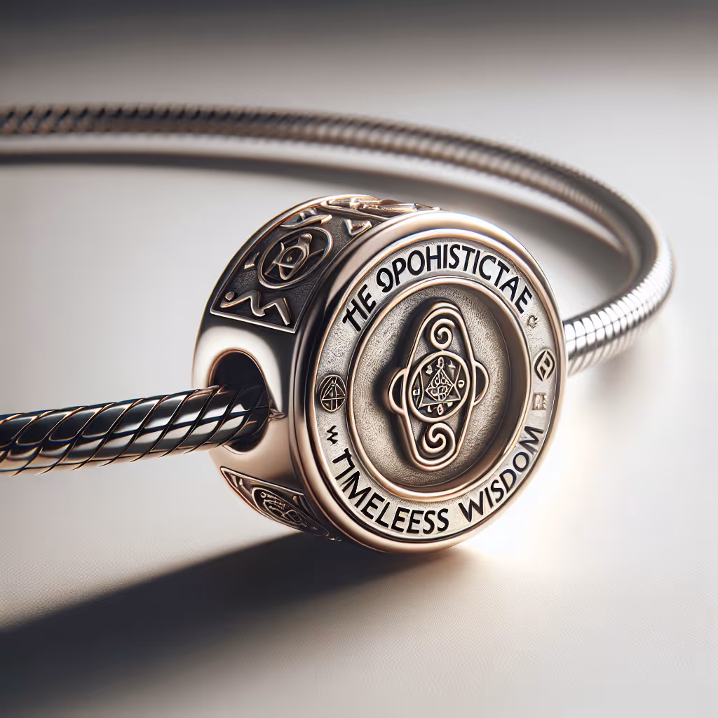 The Sophisticate Timeless Wisdom Charm, engraved with ancient symbols, blends seamlessly with any bracelet and lends a touch of wisdom and elegance.