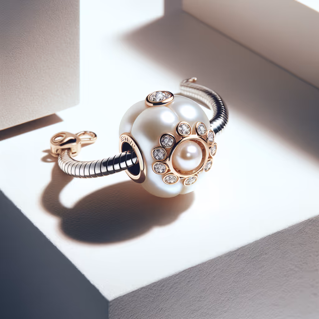 The EleganziaWhirl Pearl Whisper Charm is an exquisite accessory, blending classic pearls with modern elegance. Perfect for personalizing your bracelet with timeless sophistication.