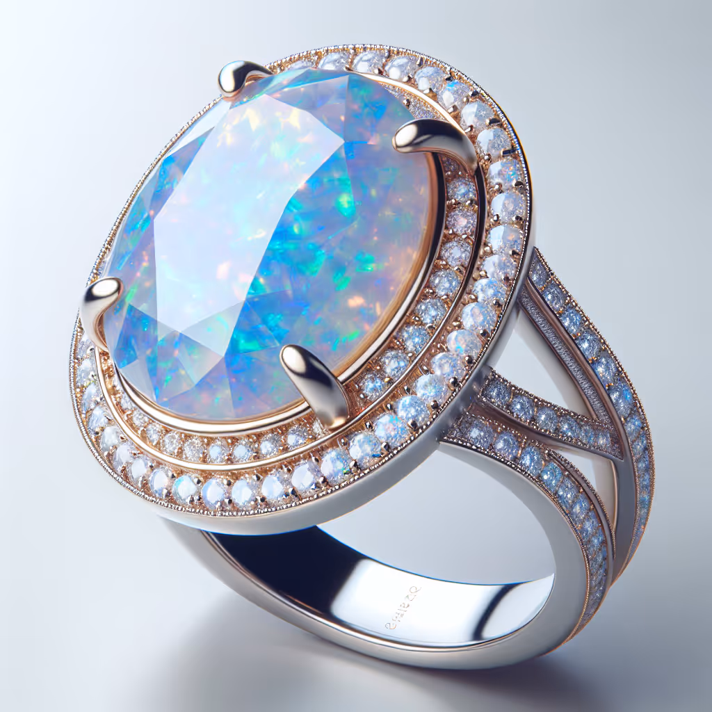 The EleganciaCreativa Opal Luxe Ring is a customizable ring featuring a stunning opal gemstone, designed to add elegance and style to any outfit.