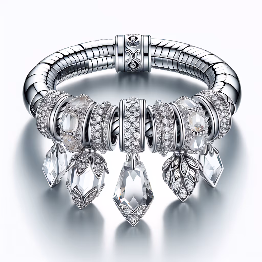 The EleganceCraft Crystal Charm Collection is a curated set of interchangeable charms that effortlessly blend style and sophistication, perfect for personalizing any charm bracelet.